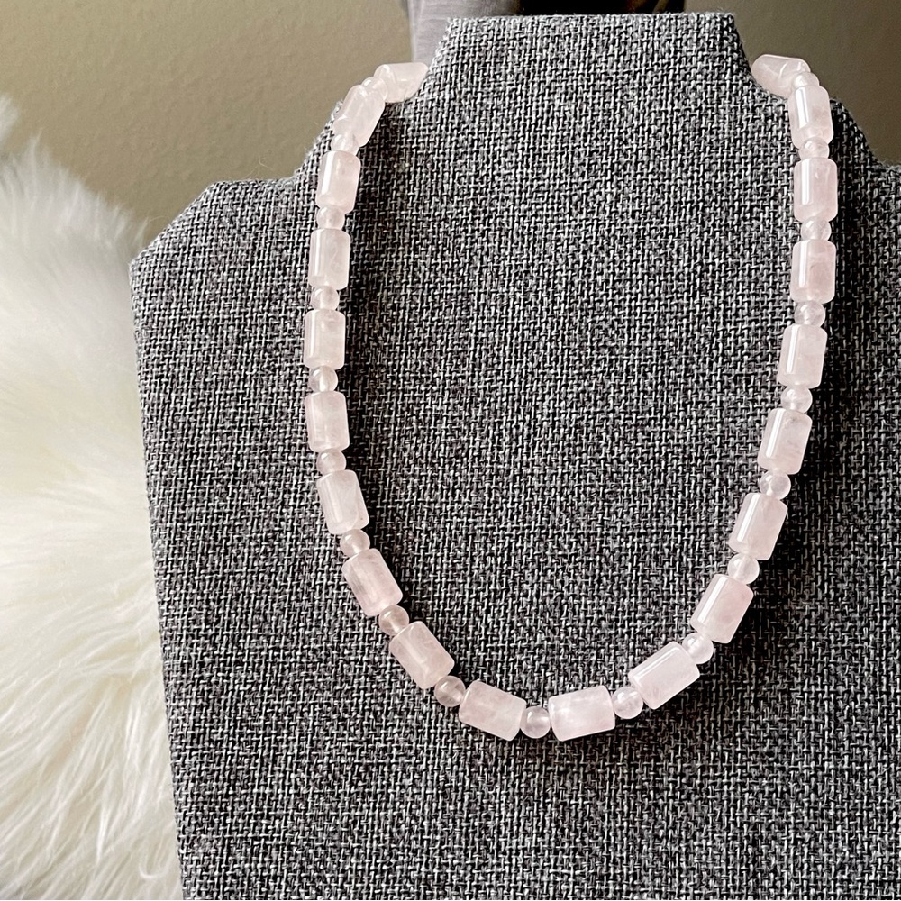ROSE QUARTZ | Elongated Round Cylindrical Beaded Pink Rose Quartz 18" Necklace